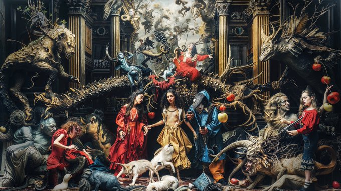 An ornate, baroque-style digital artwork depicting multiple figures in elegant attire surrounded by mythical creatures, dragons, and classical architecture.
