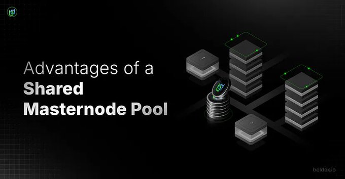 Promotional graphic titled 'Advantages of a Shared Masternode Pool' by beldex.io, displaying an illustration of stacked cryptocurrency coins and server icons.