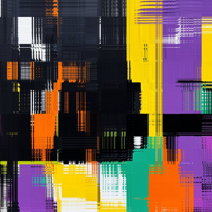 Abstract digital artwork featuring textured blocks of black, yellow, purple, orange, and teal with glitch-like linear patterns.