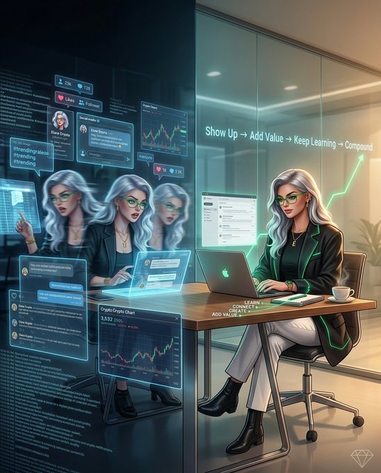A stylized digital illustration of a silver-haired woman with green glasses working at a laptop, surrounded by floating crypto charts, social media notifications, and the text "Show Up → Add Value → Keep Learning → Compound".