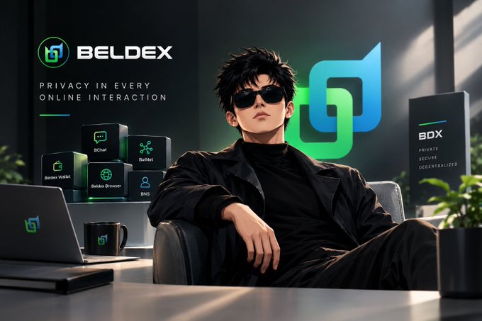 A promotional image for BELDEX featuring a stylized anime-style man in sunglasses sitting in a chair, surrounded by product boxes and the text "PRIVACY IN EVERY ONLINE INTERACTION."