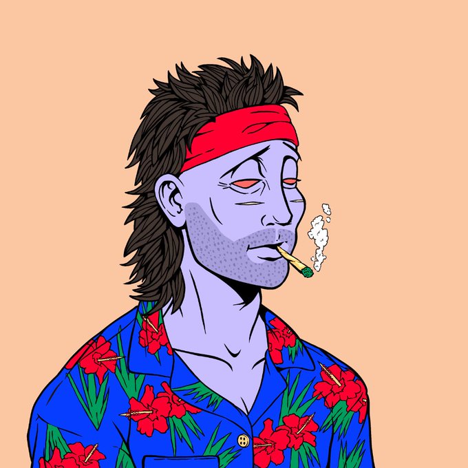 An illustrated cartoon character with purple skin, a red headband, and a Hawaiian shirt, smoking a joint against a peach background.