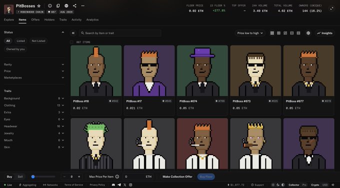 A screenshot of an NFT collection page called 'PitBosses' displaying pixel-art character avatars with various traits like hats and jewelry, priced in ETH.