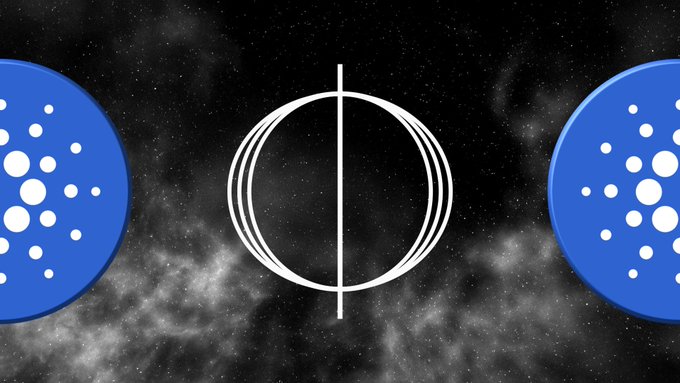 Two blue circles with white dot patterns (Cardano logos) flank a white circular symbol against a starry space background with nebulae.