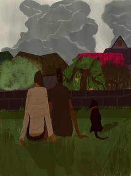 A stylized digital painting shows two people from behind sitting on grass next to a black cat, watching a dramatic stormy sky over houses and trees.