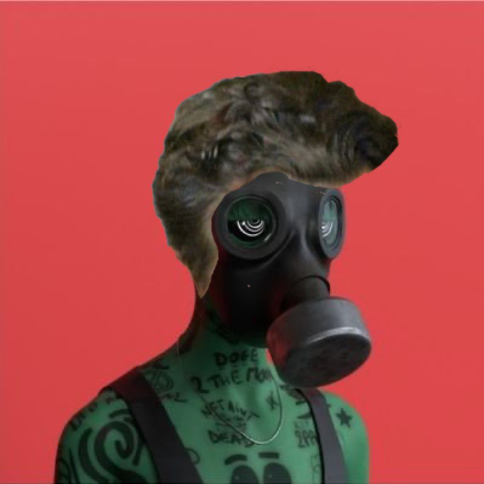 A surreal figure with a mushroom-like or rock formation for a head, wearing a black gas mask and a green shirt covered in writing, set against a red background.