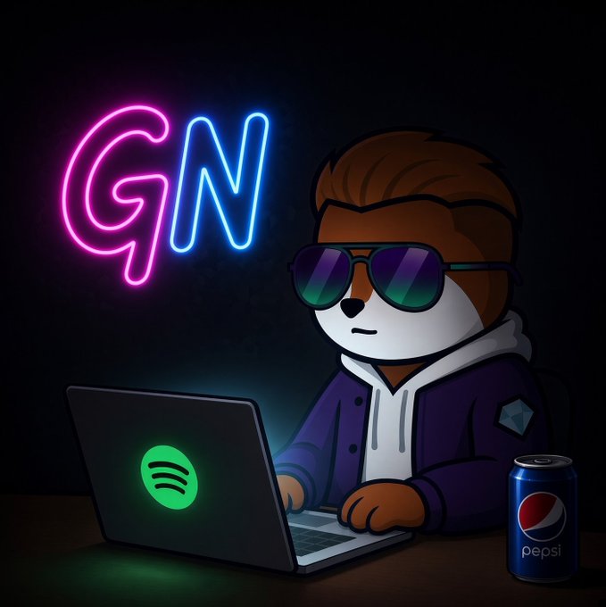 An illustration of an anthropomorphic animal character wearing sunglasses and a hoodie, using a laptop with a Spotify logo, next to a Pepsi can and a neon 'GN' sign.