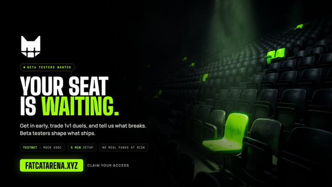 A promotional banner for Fatcatarena.xyz advertising beta testers, featuring the text 'YOUR SEAT IS WAITING' and 'BETA TESTERS WANTED' alongside a dark theater with a glowing green seat.