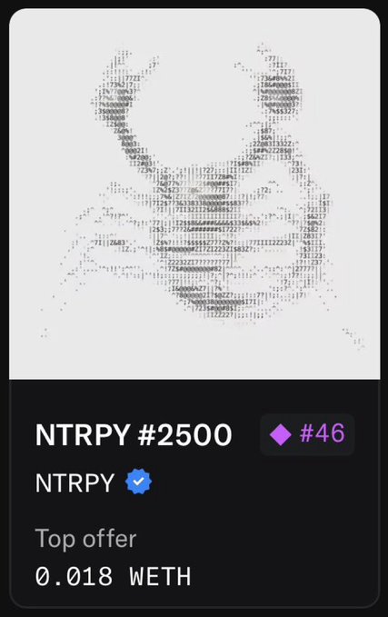 An NFT listing titled 'NTRPY #2500' priced at 0.018 WETH, featuring a pixel-art rabbit made of numerical characters.