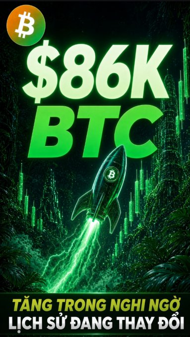 A promotional graphic showing a rocket with a Bitcoin logo launching upward against a green digital background, with large text reading '$86K BTC' and Vietnamese text 'TĂNG TRONG NGHI NGỜ LỊCH SỬ ĐANG THAY ĐỔI' at the bottom.