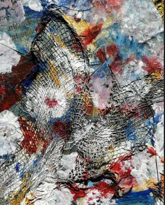 A chaotic, textured abstract artwork bursting with splattered red, blue, yellow, and white pigments over a dense web of black scratched lines, evoking a turbulent storm rather than a peaceful place—perhaps reflecting the emotional intensity behind the request to be taken "somewhere nice and peaceful."