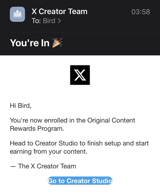 Screenshot of an email titled "X Creator Team" addressed to "Bird" that reads: "Hi Bird, You're now enrolled in the Original Content Rewards Program. Head to Creator Studio to finish setup and start earning from your content. — The X Creator Team" with a "Go to Creator Studio" button. The image serves as visual proof of the user's approval into the X (formerly Twitter) monetization program for original content.