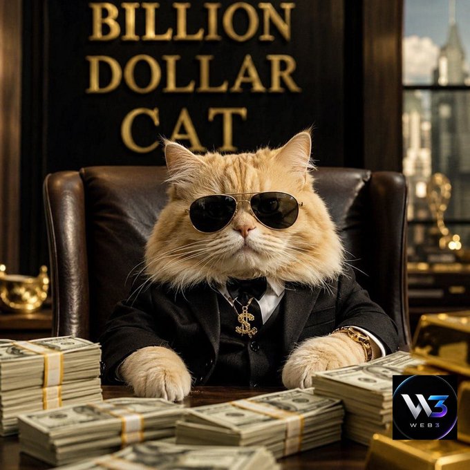 A wealthy orange cat in sunglasses and a suit sits behind stacks of cash beneath a "BILLION DOLLAR CAT" sign, perfectly embodying the $BDC meme coin's luxurious and ambitious persona on Solana.