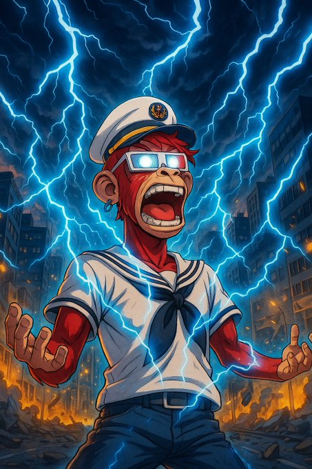 An illustration depicts a red-skinned sailor character with glowing white glasses, screaming while surrounded by blue lightning against a dark, fiery cityscape.