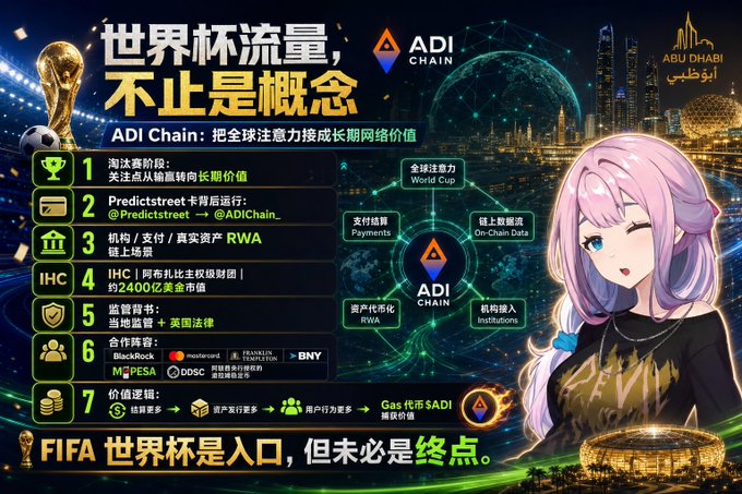 A Chinese promotional infographic for 'ADI Chain' (ADI币) describing it as a World Cup traffic concept, with 7 numbered features including token incentives, Predictstreet partnership, RWA on-chain, IHC exchange listing, regulatory compliance, BlackRock collaboration, and value logic.