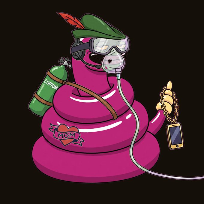 A cartoon illustration of a coiled pink snake wearing a military helmet and goggles, holding an oxygen mask, with a green tank labeled 'COPIUM' and a heart tattoo reading 'MOM.'