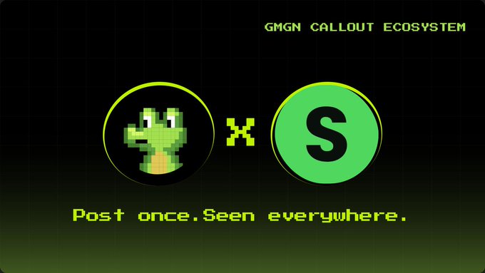 A graphic titled "GMGN CALLOUT ECOSYSTEM" shows a pixelated frog logo next to an 'S' logo with the text "Post once. Seen everywhere."