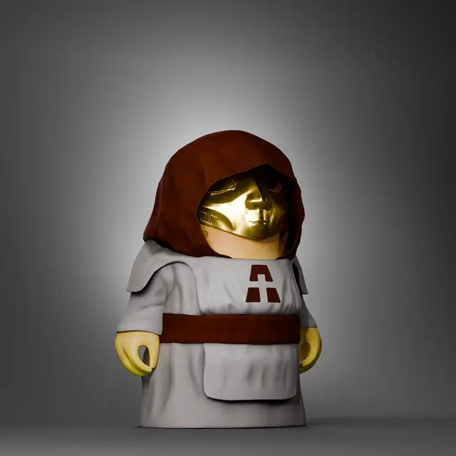 A 3D-rendered LEGO-style figure wearing a brown hood and a white robe with a red cross emblem, featuring a gold metallic face, ties to the ape-themed Twitter handle @apechurch as a stylized mascot or avatar.