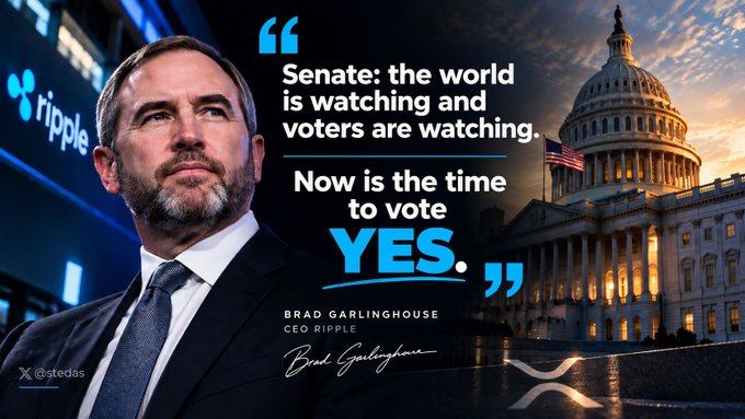 A promotional graphic featuring Ripple CEO Brad Garlinghouse with the quote: 'Senate: the world is watching and voters are watching. Now is the time to vote YES.' The Ripple logo and the U.S. Capitol building are visible in the background.