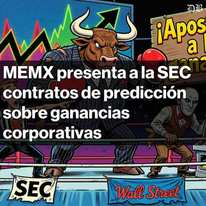 An illustration depicts a bull in a pinstripe suit and boxing gloves in a ring, with banners reading "SEC" and "Wall Street," and text stating "MEMX presenta a la SEC contratos de predicción sobre ganancias corporativas."