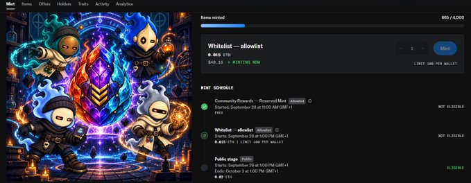 A screenshot from a cryptocurrency minting website showing the "Whitelist — allowlist" token with a price of 0.488 ETH and 3.42 ETH (#MINTING NOW), including a mint schedule with Community Research, Whitelist, and Public stages.