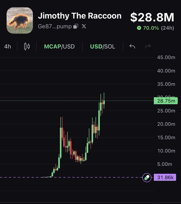 A cryptocurrency price chart for 'Jimothy The Raccoon' showing a market cap of $28.8M with a 70.0% gain over 24 hours.