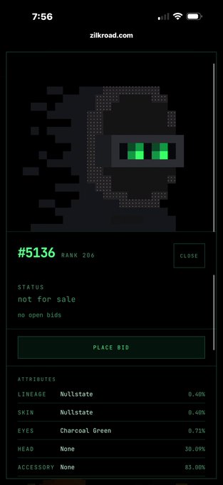 A mobile screenshot of the 'zilkroad.com' website displaying a pixel art creature with green eyes, identified as 'Feels Good Man #5136' with a rank of 206, status 'not for sale', and attributes like 'Nullstate' lineage and 'Charcoal Green' eyes.
