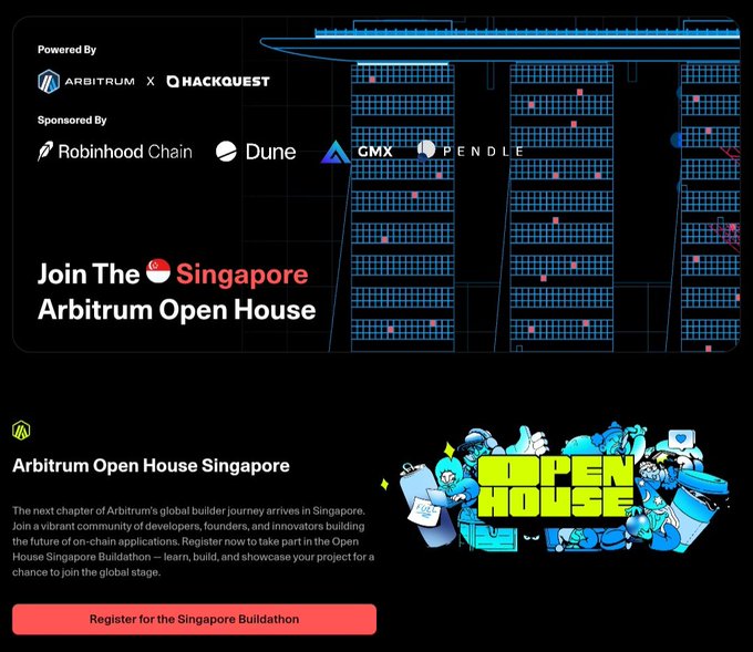 A promotional banner for the 'Singapore Arbitrum Open House' buildathon, powered by Arbitrum x HackQuest and sponsored by Robinhood Chain, Dune, GMX, and PENDLE.
