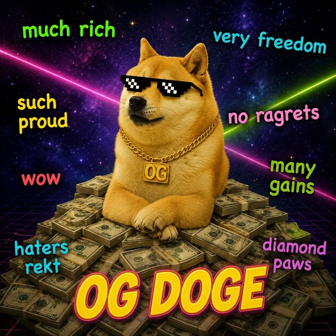 A Shiba Inu wearing "deal with it" sunglasses and a gold "OG" chain sits atop a massive pile of cash against a neon galaxy backdrop, surrounded by classic Doge phrases like "much rich," "very freedom," "many gains," and "diamond paws," with "OG DOGE" emblazoned at the bottom. The image visually reinforces the post's message by portraying the original Doge as the ultimate, wealth-generating meme—positioning it as the authentic "OG" that all crypto meme copies aspire to replicate.