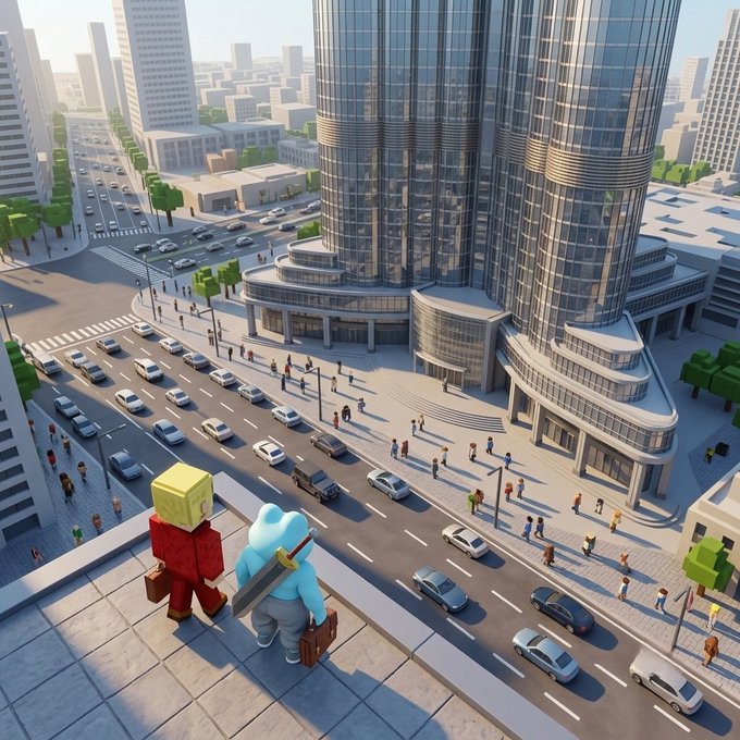 A 3D rendered cityscape featuring two small characters on a rooftop overlooking a busy street with cars, skyscrapers, and pedestrians in a vibrant urban setting.
