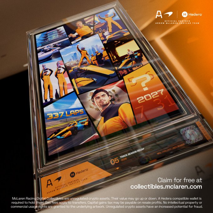 The image showcases a collectible physical card displaying vibrant orange-themed racing artwork commemorating McLaren Racing's 2027 season, featuring "337 LAPS," an IndyCar, and the number "5," with branding for Arrow McLaren and Hedera. The card represents "Drop 5 of 5" in a five-part NFT series, marketed as a free commemorative digital collectible available at collectibles.mclaren.com.