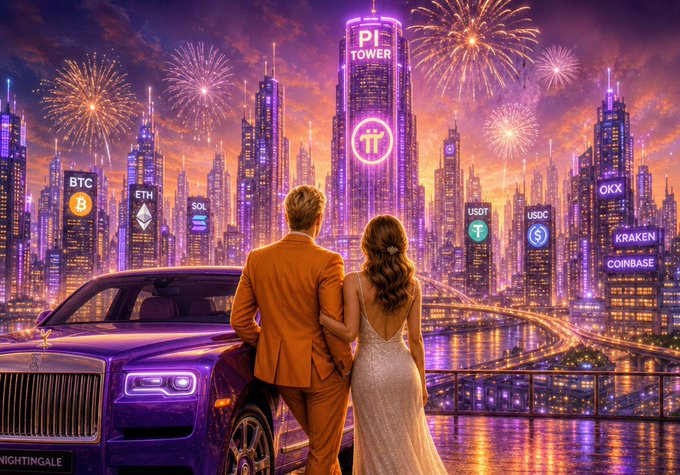 A vibrant digital artwork depicting a couple overlooking a futuristic city skyline with a "Pi Tower" and logos for BTC, ETH, SOL, USDT, USDC, OKX, Kraken, and Coinbase, with a luxury Rolls-Royce in the foreground.