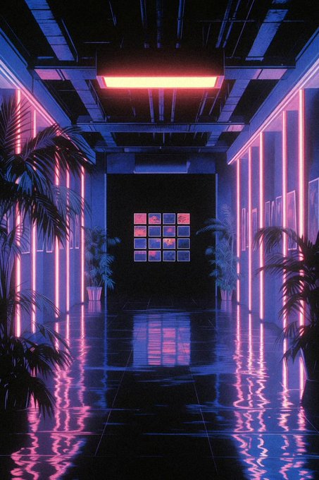 A stylized cyberpunk-style hallway featuring neon purple and pink lighting, palm trees, a reflective wet floor, and a sunset visible through a windowed door.