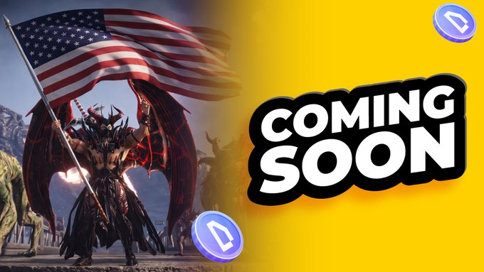 A winged, armored figure holds the American flag in front of a "COMUNG SOON" banner, hinting at a US market launch powered by $WOD. The image visually represents the post's announcement of a significant upcoming event in the US, tied to the $WOD token.