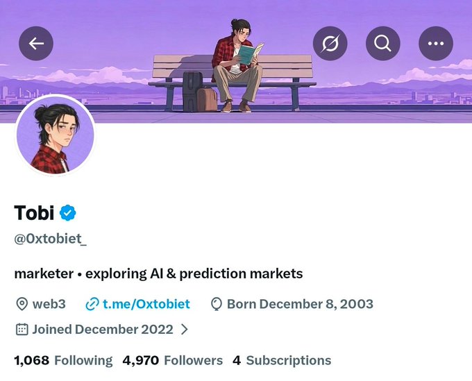 The image shows a Twitter/X profile for "Tobi" (@0xtobiet_), a marketer exploring AI & prediction markets, with 4,970 followers—nearly at the 5K milestone the post laments feels unattainable. The illustration of the user relaxing on a bench with a book and coffee contrasts with the post's tone, which questions whether nearing 5,000 followers really means their content is underperforming or just plateauing.
