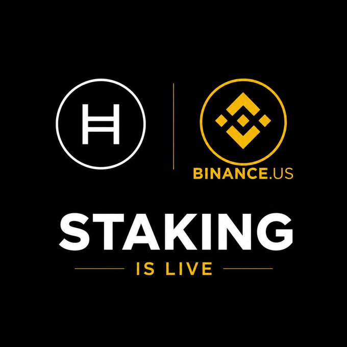 A promotional graphic on a black background features the HBAR and Binance.US logos with the text 'STAKING IS LIVE'.