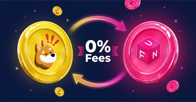 A promotional graphic showing a 0% Fees exchange between two cryptocurrency tokens featuring a Shiba Inu dog on a gold coin and an FN token on a pink coin.