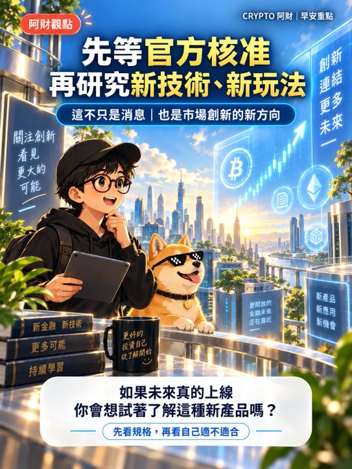 An illustrated promotional poster featuring a young man with a laptop and a Shiba Inu dog against a futuristic cityscape, with Chinese text including 'CRYPTO 阿財 | 早安重點', '先等官方核准', '再研究新技術、新玩法', and '如果未來真的上線 你會想試著了解這種新產品嗎？'.