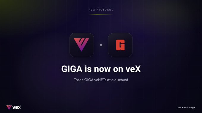A promotional announcement with "NEW PROTOCOL" header showing two app icons side by side, with text reading "GIGA is now on veX" and "Trade GIGA veNFTs at a discount," branded with veX logos.