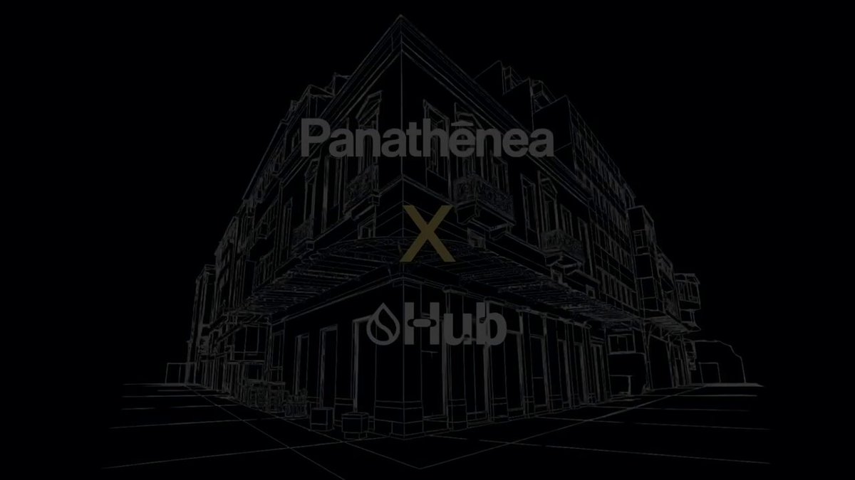 The image features a black and white line drawing of a building with the words "Panathenea" written above it. The building appears to be an old structure located at the corner of a street, possibly in Athens, Greece. The image is part of a larger collection that includes other images related to web3 and cryptocurrency.