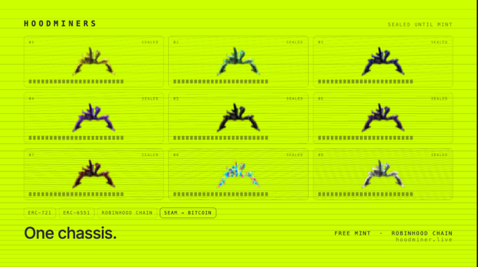A vibrant green promotional webpage for "Hoodminers" showcases a 3x3 grid of nine NFT Miner assets (#1-#9) with a "One chassis" tagline, highlighting their Robinhood Chain-based digital collectibles with free mint availability and 9 rarity grades that determine Bitcoin earnings.