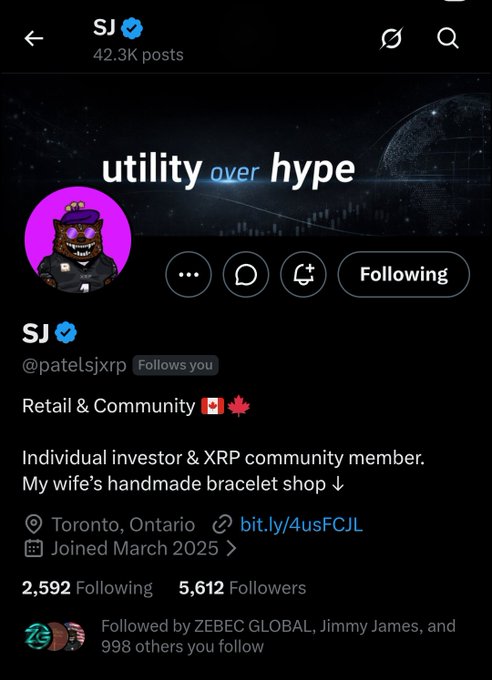 Screenshot of the X/Twitter profile for "SJ" (@patelsjxrp), a verified XRP community member based in Toronto, Ontario, featuring 42.3K posts, 5,612 followers, and a banner reading "utility over hype" alongside a cartoon avatar. The post is a shoutout encouraging followers to follow this dedicated XRP HODLer.