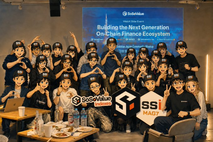 Group photo at a SoSoValue Web3X Side Event titled 'Building the Next Generation On-Chain Finance Ecosystem' held at the SoSoValue Japan Community Meetup, with attendees posing behind branded signs for SoSoValue Indexes, SSI, and MAG7.