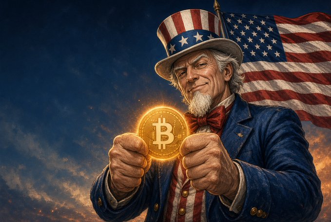 Uncle Sam proudly displays a glowing Bitcoin, symbolizing the U.S. government's potential acquisition of 328,372 BTC under the proposed American Reserve Modernization Act of 2026 (ARMA, H.R. 8957). The image reinforces the idea of America "holding" Bitcoin as a strategic reserve, with the American flag waving behind him.