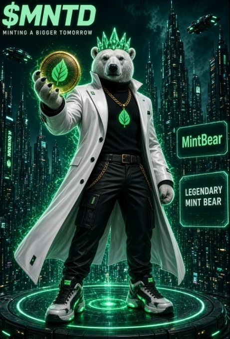 A digital artwork depicts an anthropomorphic polar bear in a white coat holding a glowing coin, with '$MNTD MINTING A BIGGER TOMORROW' and tags for 'MintBear' and 'LEGENDARY MINT BEAR'.