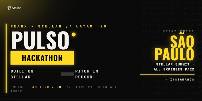 The image features a poster or banner with text that reads "Pulso Hackathon" written in yellow, black, and white colors. The poster also includes information about an event happening at the "Stellar Organization". The text on the poster is in Portuguese, which indicates that it might be taking place in Portugal. The poster seems to promote a Hackathon or coding competition where people can build projects online and share their ideas with others through social media platforms.