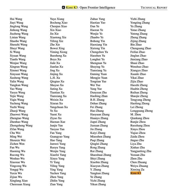 A technical report cover page for "Kimi K3: Open Frontier Intelligence" lists a massive grid of contributors' names organized in four columns, with the name "Kimi K3" highlighted at the bottom of the rightmost column—suggesting the AI model itself is credited among its own developers, humorously illustrating the "insane" contributor list referenced in the post.