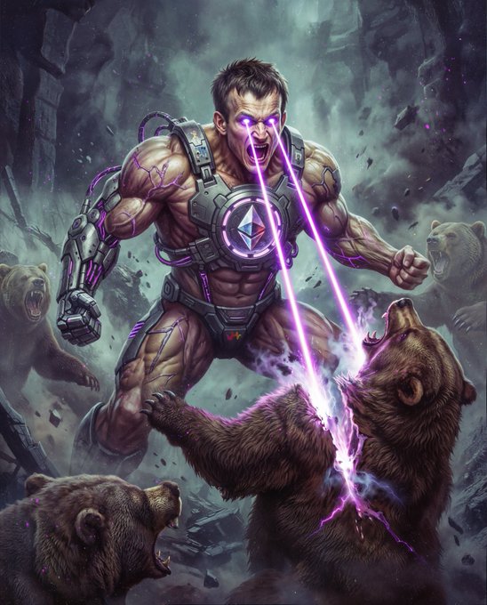 The image shows a muscular, cybernetically-enhanced warrior firing purple laser beams from his glowing eyes while fighting off bears, with an Ethereum diamond logo emblazoned on his chest harness — visually representing the title "ETHEREUM" as a powerful, battle-ready force.
