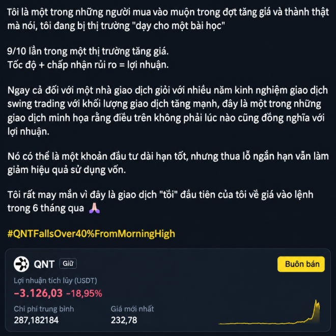 A Vietnamese-language social media post discussing a market downturn, mentioning '9/10 lần trong một thị trường tăng giá' (9/10 times in a bull market), paired with a price widget indicating QNT is down 18.95% to $232,78.