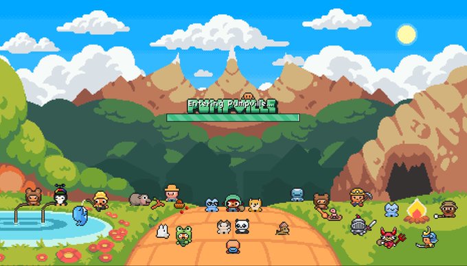 A pixel art video game scene showing various cute animal characters (cats, frogs, etc.) gathered in a landscape with mountains, a pond, and a cave, with a progress bar reading 'Enter the Pompeii' at the top.